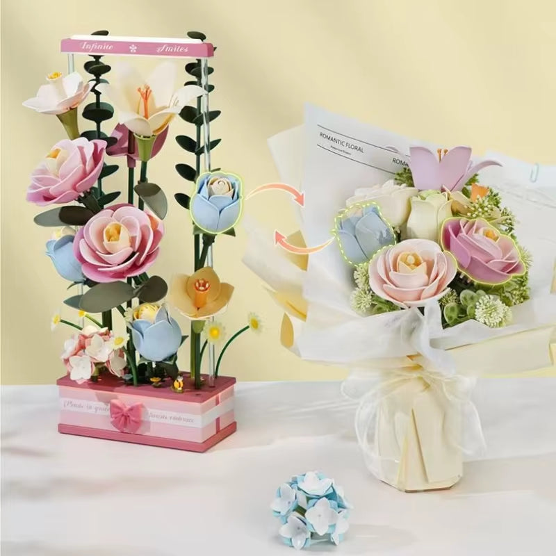 Robotime Rokr Flower Building Blocks Craft Set 3D Puzzle Bouquet Set Everflower Mother'S Day Birthday Romantic Gift Assembly