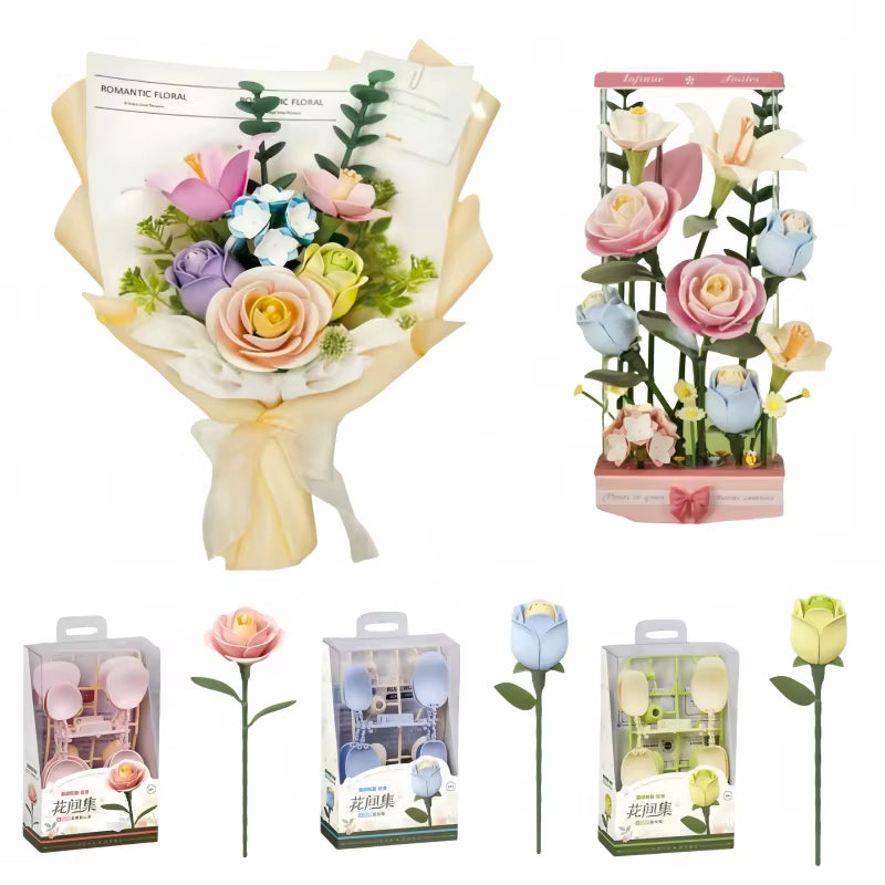 Robotime Rokr Flower Building Blocks Craft Set 3D Puzzle Bouquet Set Everflower Mother'S Day Birthday Romantic Gift Assembly